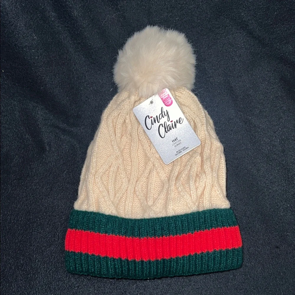 NWT Cream Knitted Faux Fur Lined red & green stripe beanie with Pom Pom